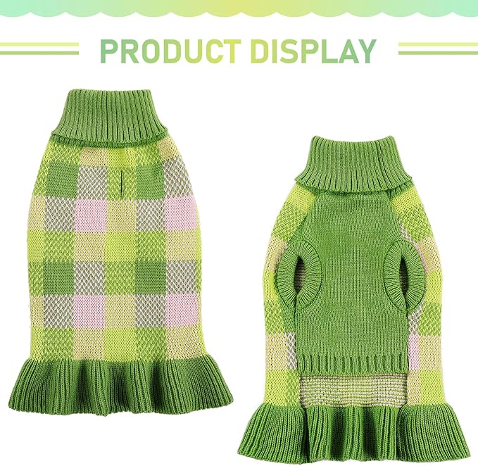 Dog Sweater Dress Plaid Knitwear for Small Medium Dogs Warm Puppy Pet Turtleneck Stretch Pullover Cute Fall Winter Vest Clothes with Leash Hole for Christmas (Green, S)