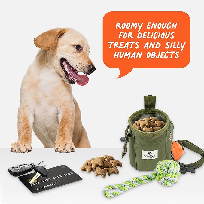 INSPECTOR TAIL Dog Treat Pouch w Drawstring to Prevent Spills | 2 Cup Tote | Hands Free w 4 Ways to Wear Puppy Bag w Pockets for Snacks Poop Bags Keys & Cards | Pet Training Walking & Rewarding Holder