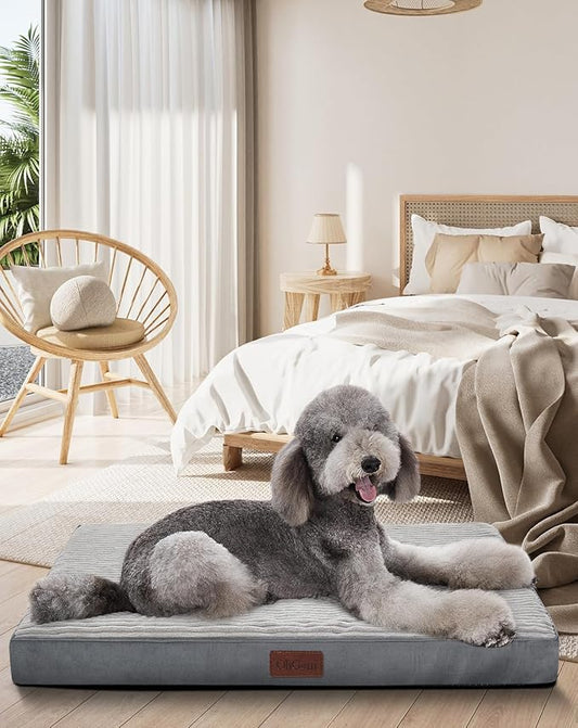 OhGeni Orthopedic Waterproof & Machine Washable Dog Bed for Extra Large Pets, Suitable for Crates, Cat Mat with 25D Egg Crate Foam, Non-Slip Bottom & Removable Cover, 47 Inches(Gray)