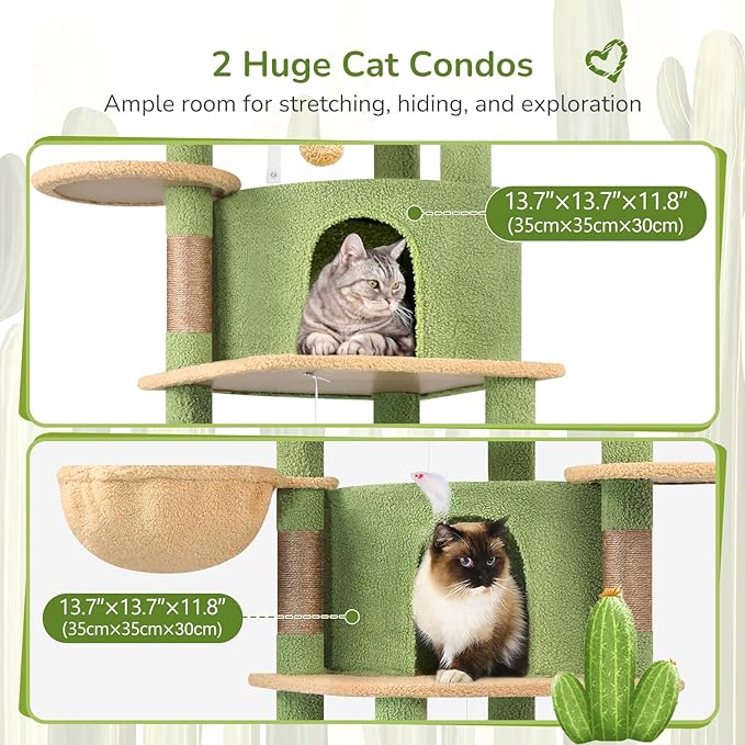 Globlazer Cactus Corner Cat Tree Tower for Large Cat, 66inch Tall Large Cat Tree Condo for Multiple Indoor Cats with 6 Scratching Posts, 2 Spacious Cat Condos, Soft Hammock, Hanging Basket, C66, Green