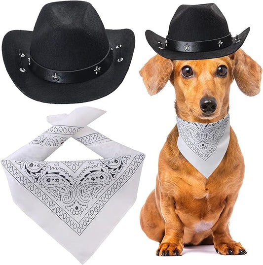 Yewong Pet Cowboy Costume Accessories - Dog Cat Pet Size Cowboy Hat and Bandana Scarf West Accessories for Puppy Kitten Party Festival and Daily Wearing Set of (Black Hat+White Bandana)