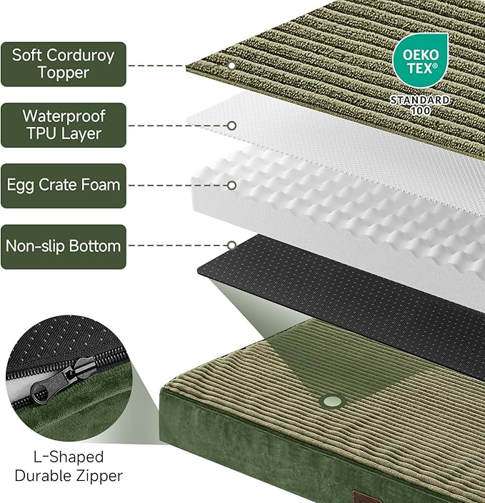 OhGeni Orthopedic Waterproof & Machine Washable Dog Bed for Large Pets, Suitable for Crates, Cat Mat with 25D Egg Crate Foam, Non-Slip Bottom & Removable Cover, 41 Inches(Dark Green)