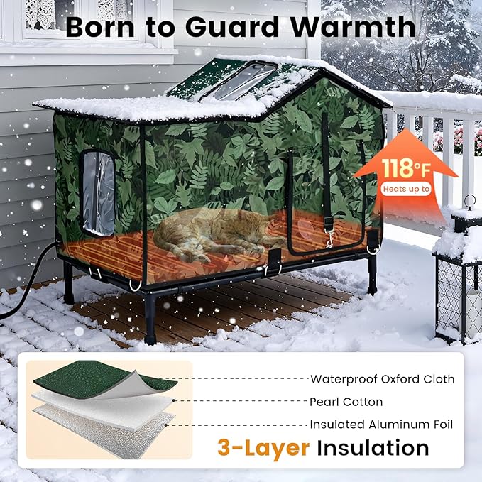 Heated Cat House for Outside in Winter, Weatherproof & Insulated Large Cat Shelter with Heated Cat Bed and 2 Safe Escape Doors for Multiple Stray/Feral Cats(Leaf Pattern, 27.6"x19.3"x21.3")