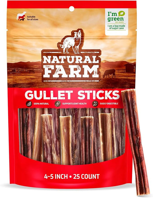 Natural Farm Gullet Sticks (4-5 Inch, 25 Pack), Grain-Free, Preservative-Free & Fully Digestible Beef Esophagus – Gentle Yet Effective Fun - Best for Light, Pups & Senior Chewers