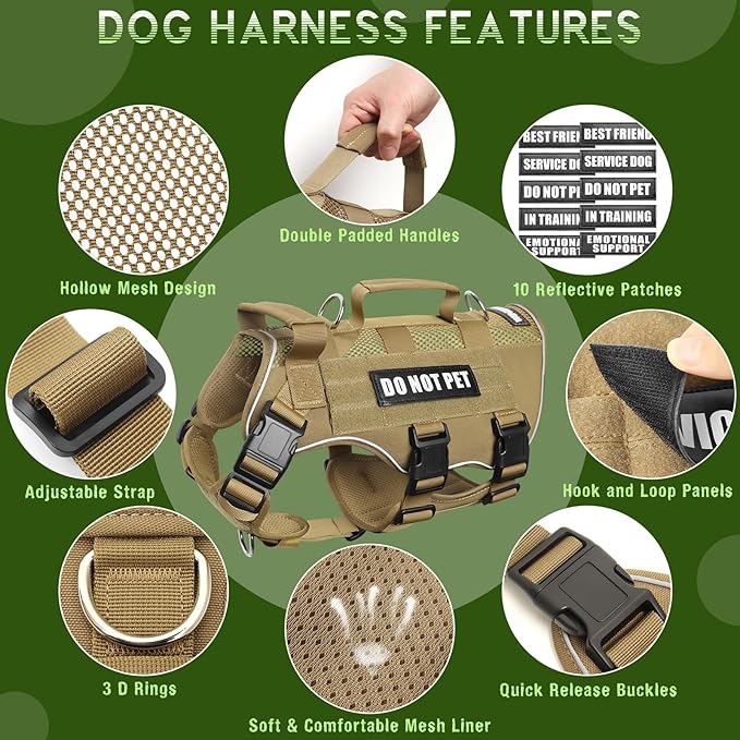 WINSEE Mesh Dog Harness with 10 Pet Patches for Large Service Dog in Training, Breathable Tactical Molle Vest with Double Handles, Reflective Military Pet Vest for Walking Hiking