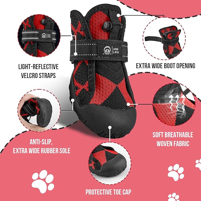 Dog Shoes for Large Medium Size Dogs, Waterproof Anti Slip Red Dog Boots&Paw Protectors for Winter Snow, Summer Hot Pavement, Dog Booties for Outdoor Walking Hiking Hardwood Floor