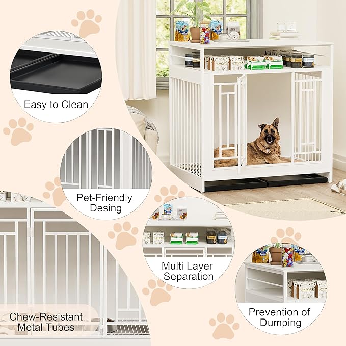 43.3" Dog Crate Furniture for Large Breeds, Wooden Dog Kennel with Divider & Double Doors, Large Drawer Storage, Heavy Duty Indoor Dog Cage, Decorative Pet House for Living Room & Bedroom, White