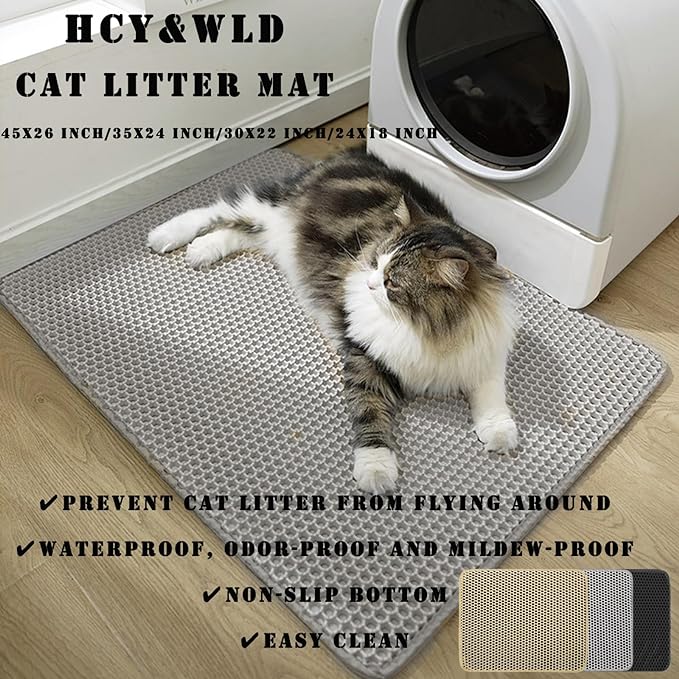 HCY&WLD Cat Litter Mat, 45x26/35x24/30x22/24x18 Inch Double Layer Cat Litter Box Mat, EVA Non-Slip, Waterproof Urine Proof Cat Litter Catcher Mat, Easy Clean Scatter Control (30x22 Inch, Black)