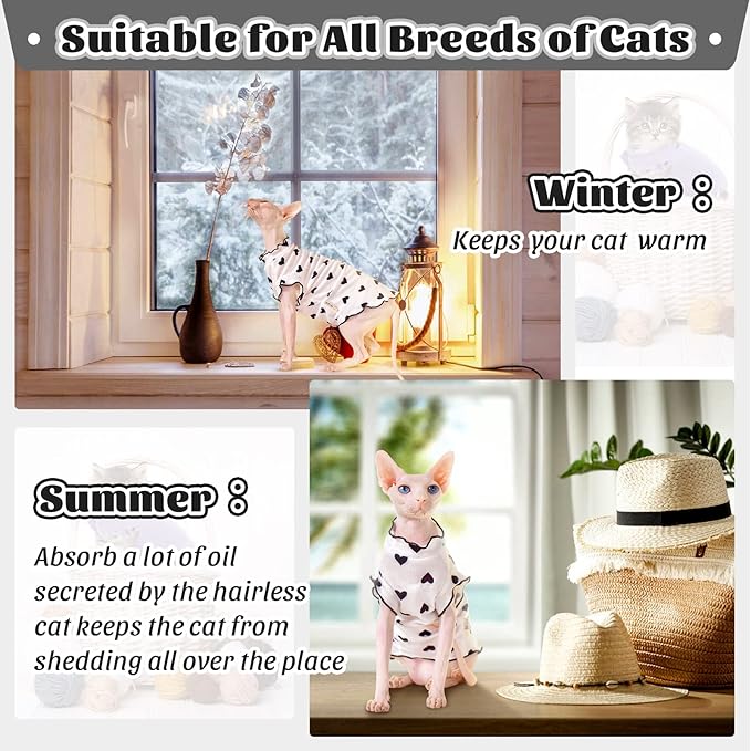 DENTRUN Heart Pattern Sphynx Hairless Cats Shirt, Kitten T-Shirts with Perlin Sleeves, Breathable Cat Wear Cute Sweater Adorable Hairless Cat's Clothes Vest Pajamas Jumpsuit