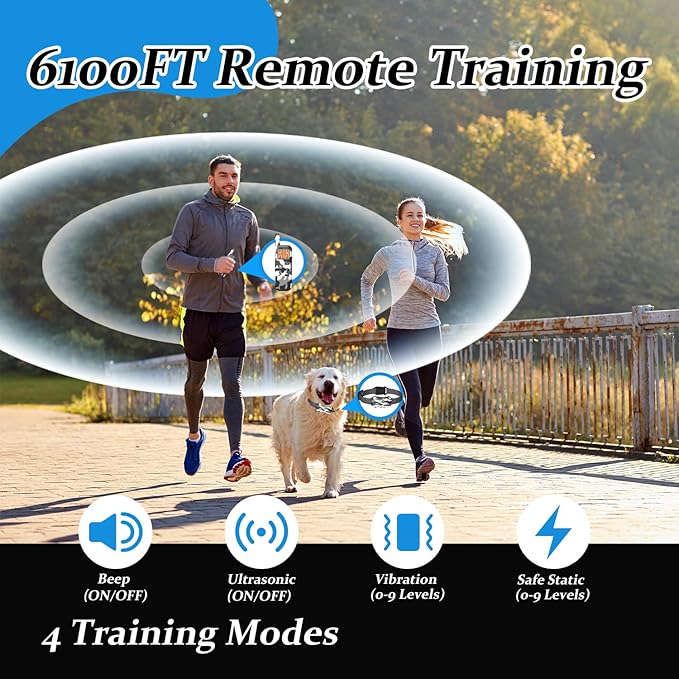 Wireless Dog Fence & Ultrasonic Training Collar -1160-Yard Adjustable Boundary for Outdoor, 6100FT Remote, 4 Modes (Beep/Vibration/Static/Ultrasonic), IPX7 Waterproof, 185-Day Standby, 2 Dogs