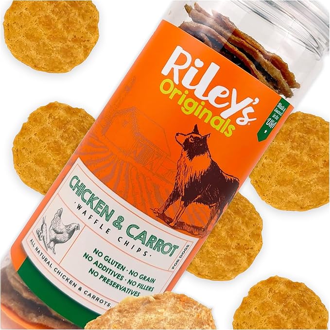 Riley's Waffles Chicken Chips for Dogs w Carrots - USA Sourced Chicken Dog Treats, Limited Ingredient Dog Treats, Dehydrated Jerky Treats Made in USA