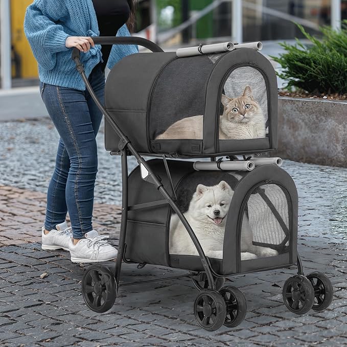 MoNiBloom Double Dog Stroller with Detachable Carrier Bags Large 4 Wheels Foldable Jogger for Small and Medium Dog Cats, Black/Gray