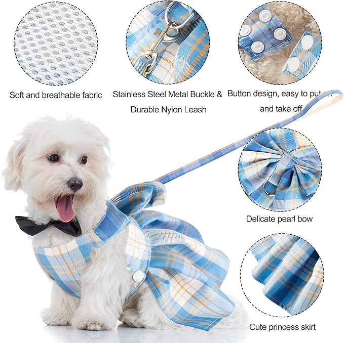 4 Pcs Cute Plaid Dog Dress Set with Bow Tie Harness & Leash for Small Dogs, Puppy Clothes for Girls Summer Outfits(M,Dark Color)