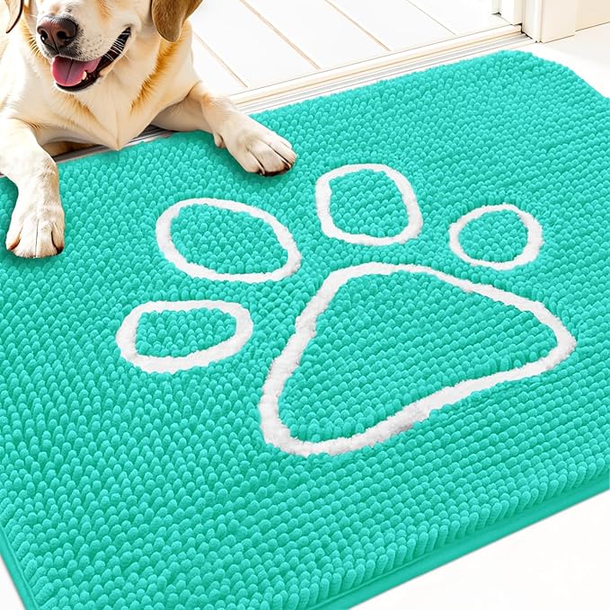 OLANLY Dog Door Mat for Muddy Paws 30x20, Paw Print Design, Absorbs Moisture and Dirt, Absorbent Non-Slip Washable Doormat, Quick Dry Chenille Mud Mat for Dogs, Entry Indoor Entryway Carpet, Teal