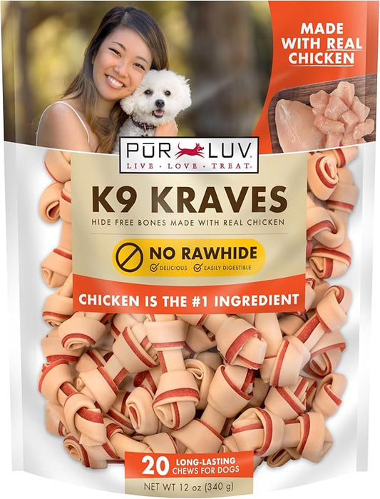 Dog Treats, K9 Kraves Rawhide Free Bone Dog Treat, Chicken Flavor, Made with Real Chicken, 20 Count, Healthy, Easily Digestible, Long-Lasting, High Protein, Satisfies Dog's Urge to Chew