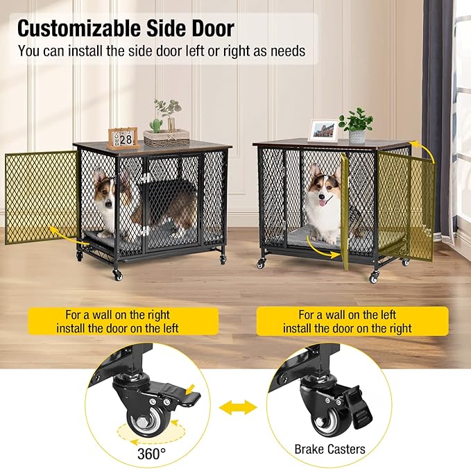 Aivituvin Dog Crate Furniture Movable Side End Table Indoor Dog Kennel for Small Medium Large Dogs Double-Doors Wooden Dog House with Cushion, Tray, Wire Floor(27.2")