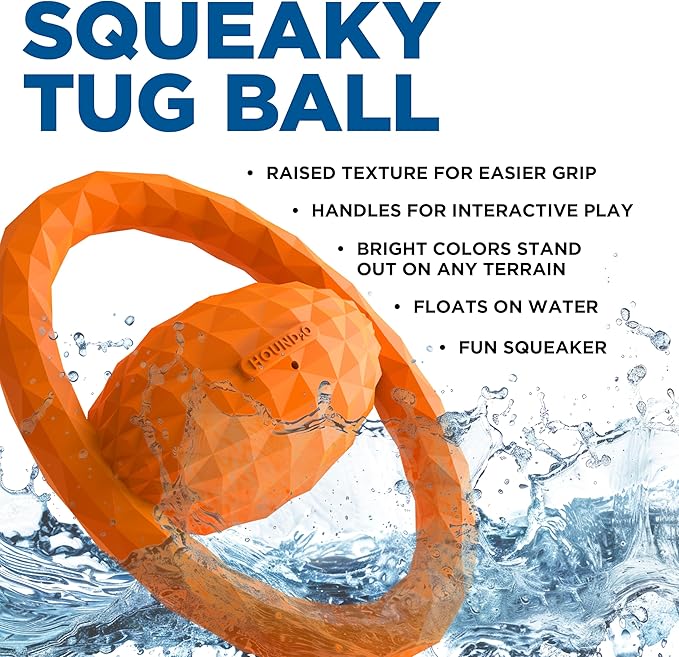 Playology Hound2O Dog Toys | Squeaky Tug Ball Toy for Tug of War | Orange Floating Outdoor Toy - Easy to Clean and Made from Non Toxic Materials