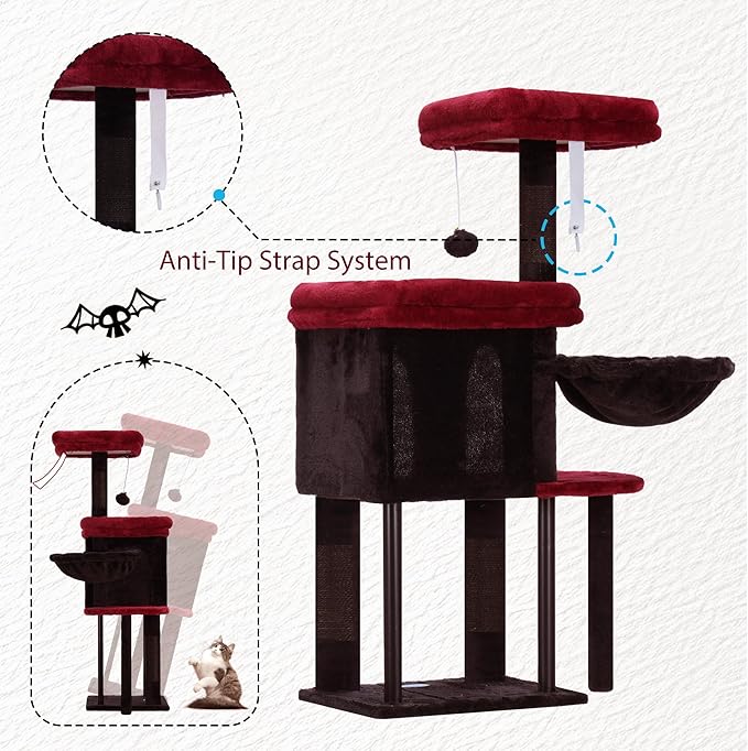 Hey-brother Cat Tree Tower, Scratching Posts with Cozy Condo, Padded Bed, Hammock, Plush Perch, Sisal Post and Ball for Indoor Kittens, 44.9 Inches, Black and Red MPJ009SBR