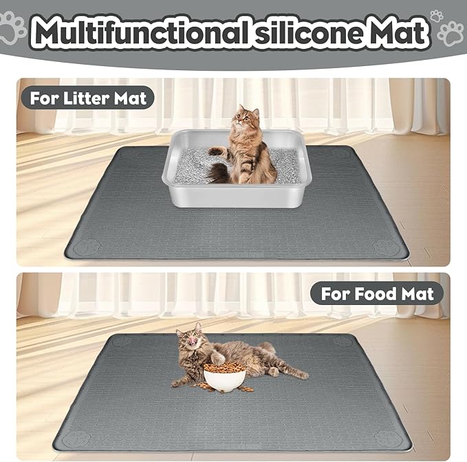 Cat Litter Mat, Extra Large 34" x 22" Silicone Mat Litter Trapping Mat for Scatter Control, Soft on Kitty Paws, Easy to Clean (Dark Grey)