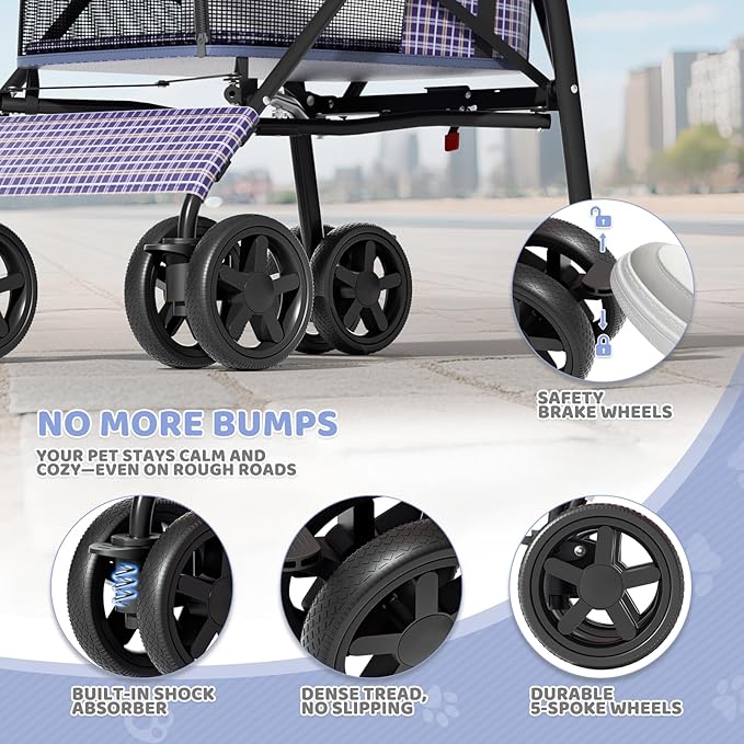 Magshion Compact Pet Stroller for Small-Medium Dogs/Cats up to 22lbs, 4-Wheel Lightweight Umbrella Shaped Portable Puppy Travel Jogger with Breathable Mesh, Cup Holder & Rear Storage, Plaid