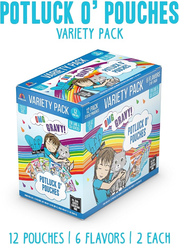 Weruva B.F.F. OMG - Best Feline Friend Oh My Gravy!, Variety Pack, Potluck O' Pouches, Wet Cat Food, 2.8Oz Pouches (Pack of 12)