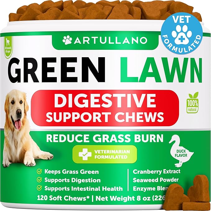 Grass Burn Spot Chews for Dogs - Pee Lawn Spot Saver Caused by Dog Urine - Grass Treatment Rocks - Urine Neutralizer for Green Lawn - Chewable Probiotics, Digestive Enzymes, DL-Methionine - 120 Treats