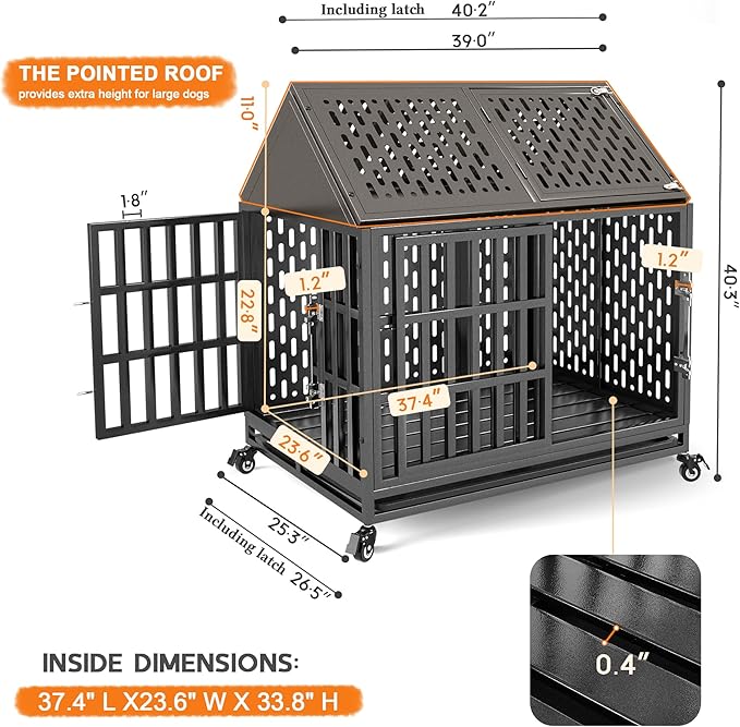 38 Inch Heavy Duty Dog Crate with Self-Locking Latch for High Anxiety Dogs, Indestructible Large Kennel Indoor with Pointed Roof, Removable Trays and Lockable Wheels, Chew Proof Cage