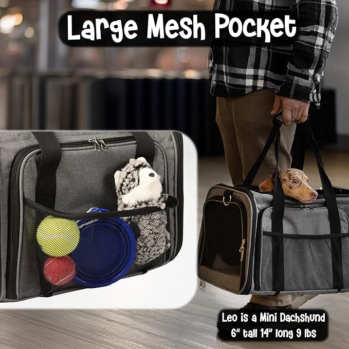 Pet Carrier with Wheels | Delta American Frontier Airline Approved | Two Expandable Sides, Storage Pockets Adjustable Leash | Rolling Dog and Cat Carrier TSA Compliant (Light Grey 17x12.5x11)