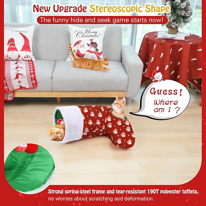 Pawaboo Cat Tunnel Christmas Sock with Bell Balls, Upgraded 2 Way Cat Tunnel Interactive Toy, Pet Xmas Stocking with Crinkle Paper & Strong Spring-Steel Frame for Cat Kitten Kitty, Red Snowman