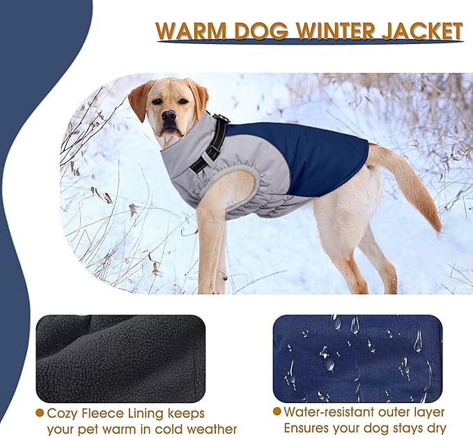 Dog Coat Waterproof,Warm Dog Winter Jacket with Harness Built in Windproof Snow Jakcet with Fleece Lining Reflective Thermal Cold Weather Coats for Large Dogs,Windproof Pet Snowsuit,Blue,L