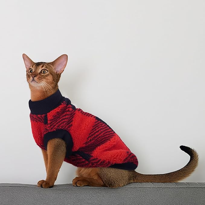 PUMYPOREITY Cozy Fleece Cat Sweater - Stretchy & Warm Knitted Cat Shirt, Super Soft Kitten Sweater, Machine Washable Pet Clothing for Comfort & Style, Red, XS