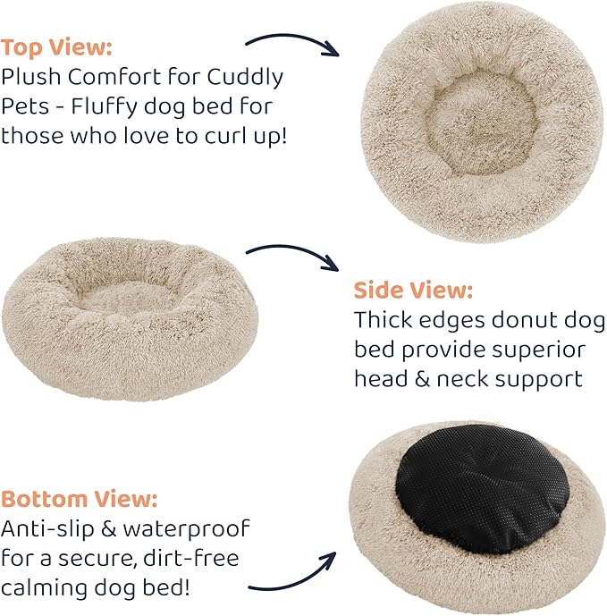 Donut Dog Bed - Premium Comfort for Anxiety Relief - Fluffy & Calming Design with Ultra-Plush Support | Cozy Round Dog Bed with Super Soft Circle Style (Size XL Beige)
