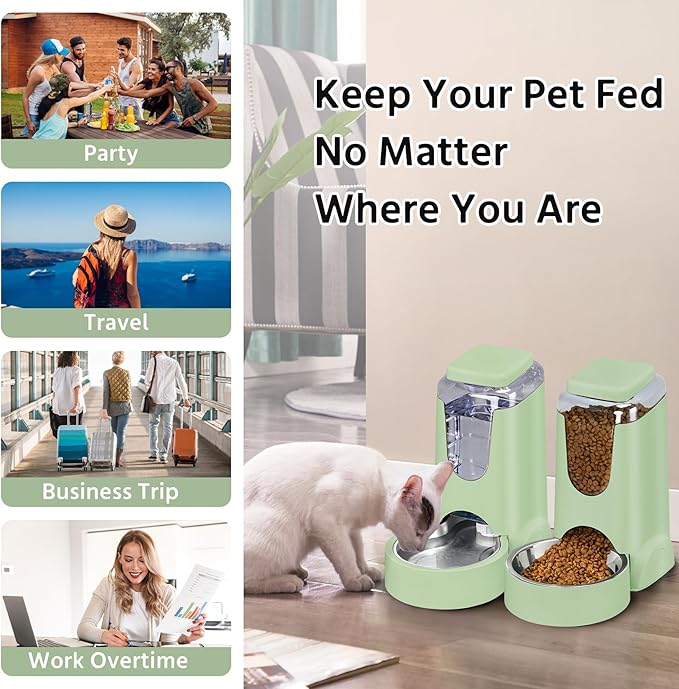 2 Pack Automatic Cat Feeder and Stainless Steel Water Dispenser, Gravity Dog Waterer Set Food Feeder and Waterer Set for Small Medium Kitten Puppy Pets(1 Gallon x 2, Green)