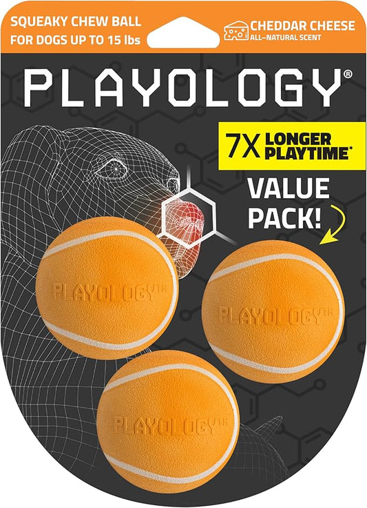 Playology Dog Toys | Squeaky Chew Ball - Bouncy Durable Floating Fetch Ball for Dogs, Value 3-Pack | Small Cheddar Cheese Scented Toy - Easy to Clean and Made from Non Toxic Materials