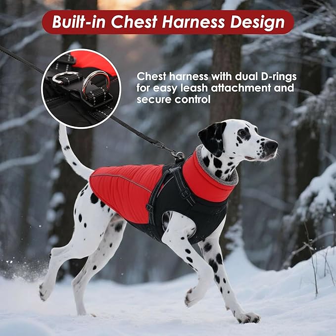 ASENKU Reflective Dog Coat with Built-in Harness, Windproof Fleece-Lined Dog Jacket for Small, Medium, Large Dogs, Warm Winter Vest with Turtleneck & Zipper (Red 3XL)