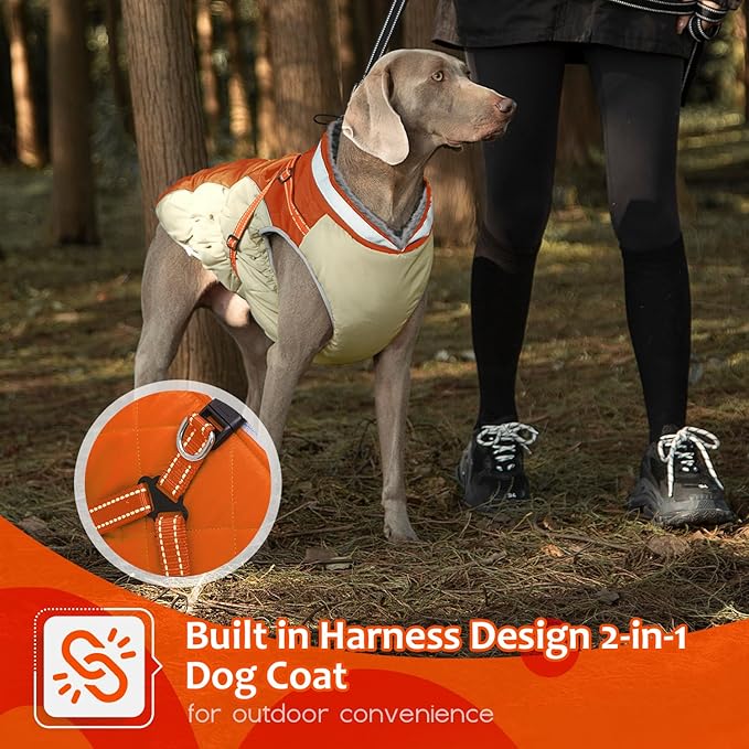 Dog Winter Coat with Harness, Dog Jacket, Pet Clothes with Zipper on Back, Waterproof Windproof Warm Vest, Reflective Cold Weather Coats, for Small Medium Large Dogs, Thick, Orange, 3XL
