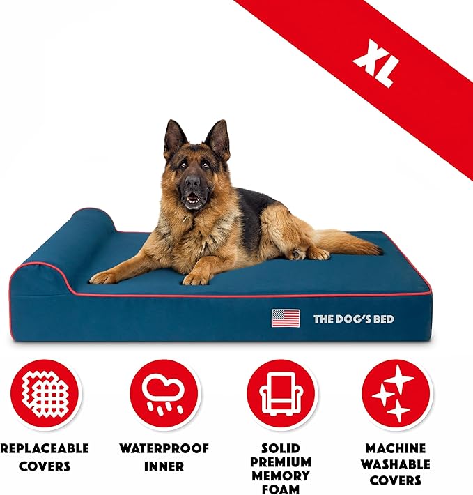 The Dog’s Bed Orthopedic Headrest Dog Bed XL Blue Oxford with Red Trim US Flag, Memory Foam, Hip & Elbow Dysplasia, Post Surgery, Lameness, Waterproof Washable Cover