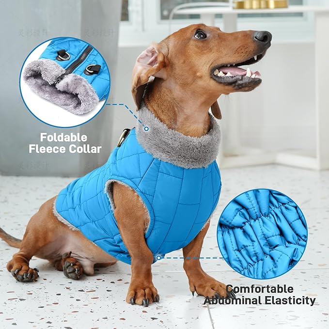 Warm Fleece Dog Coats with Durable Harness Buitl in D-Ring,Waterproof Puppy Jacket for Small Dogs,Dog Vest for Cold Winter,Light Blue S