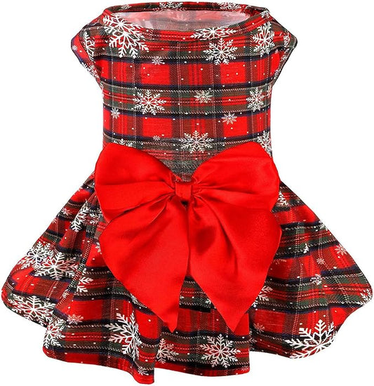PUPTECK Plaid Dog Christmas Dress Cute Puppy Costume Outfit Small Dogs Clothes with Bowknot Skirt, Snow, L