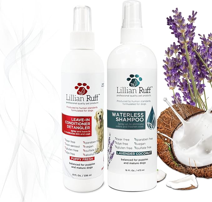 Lillian Ruff Waterless No-Rinse Dog Dry Shampoo Spray & Leave-in Dog Conditioner & Detangler - pH-Balanced for Dogs After-Bath No Rinse Hydrating Spray Set- Clean, Condition, Detangle & Deodorize
