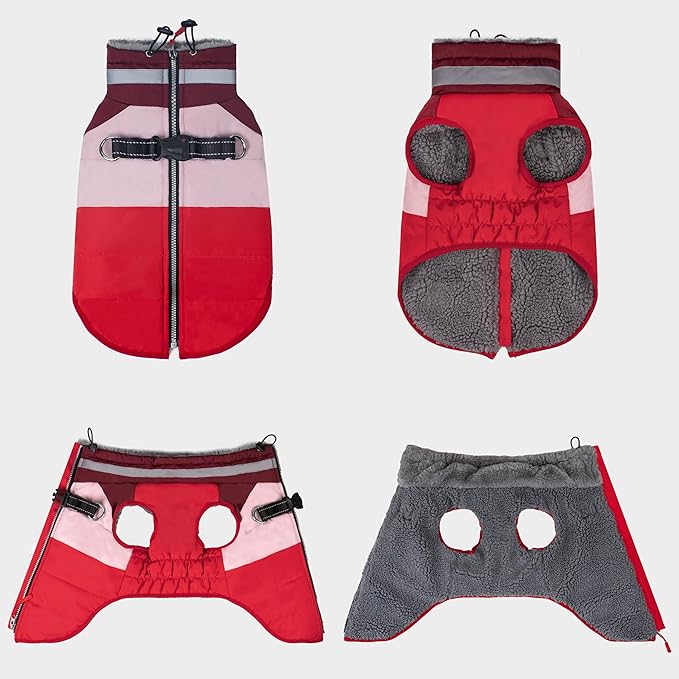 azuza Dog Coats for Large Dogs Waterproof Dog Coat with Reflective Strips and Harness Built in Warm Fleece Dogs Winter Coat Windproof with Back Zipper, Red 3XL