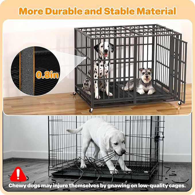 Heavy Duty Indestructible Dog Crate 60 Inch with Removable Tray, Sizes & Colors Optional, Escape Proof Double Door High Anxiety Cage Indoor, Kennel with Wheels for Large Dogs, XL XXL XXL