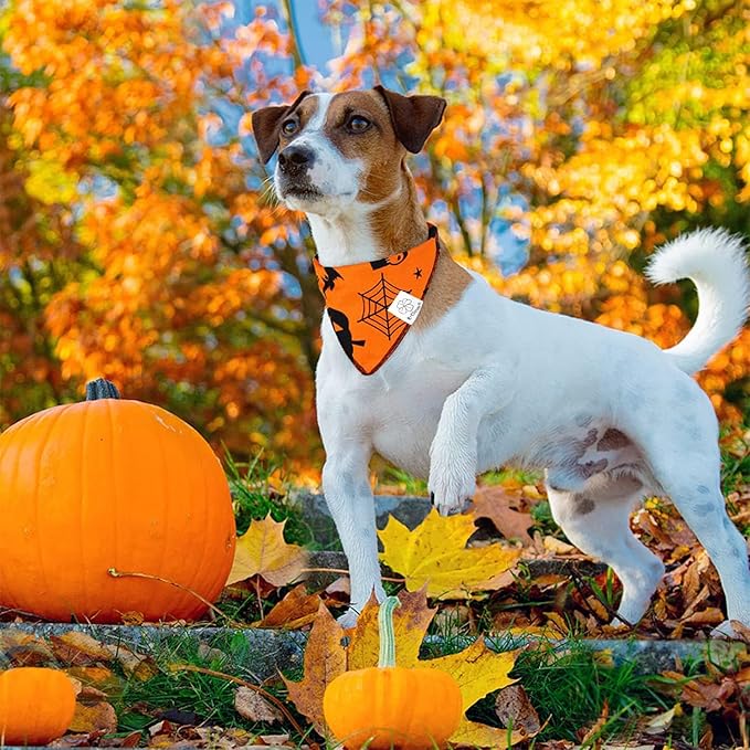 E-Clover Halloween Dog Bandanas & Matching Scrunchie Set Pumpkin Dog Bandana Triangle Pet Bibs Scarf Outfit for Small Medium Large Dogs Owner Orange Fall