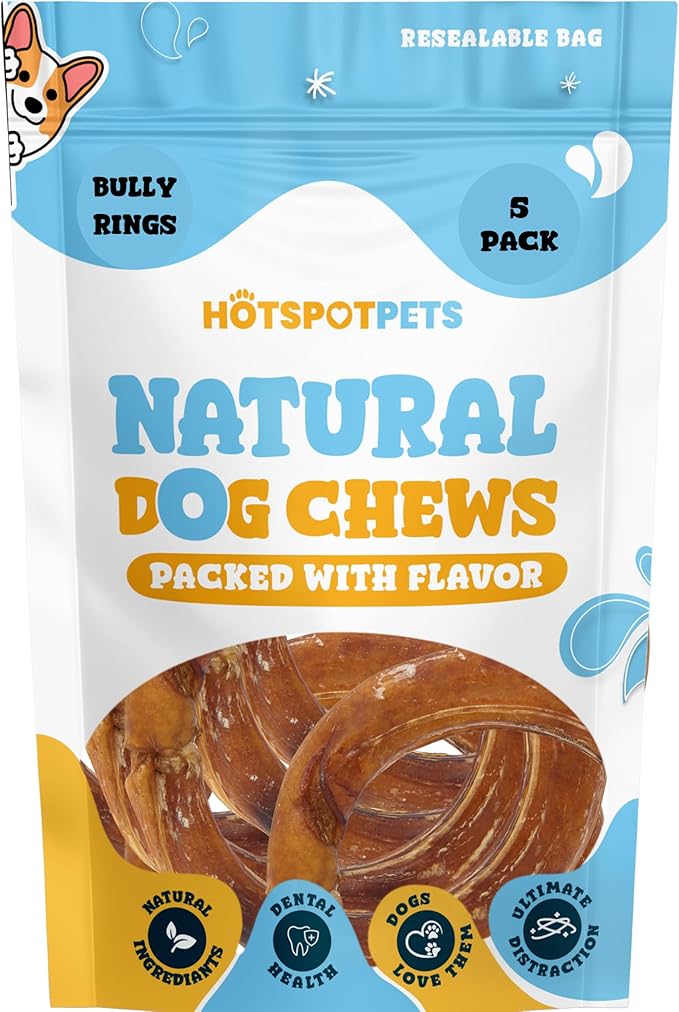 hotspot pets Bully Stick Rings for Dogs (5 Pack) 4 Inch Circles- Premium All Natural Long Lasting Beef Pizzle Dog Chew Treats - Low Odor, Grain Free, Fully Digestible, Rawhide Alternative Chews