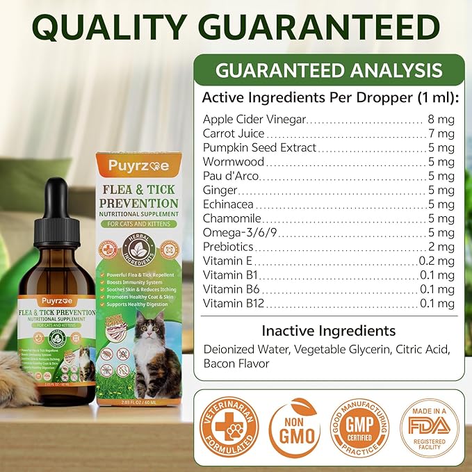 Natural Flea and Tick Prevention for Cats, 60 ML Herbal Formula with Multivitamins, Pumpkin Seed, Flea Treatment for Cats Kittens Supplement Drops - Immune, Skin & Coat Support