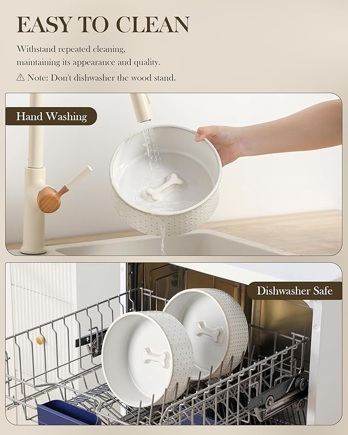 MALACASA Dog Bowl Set with Walnut Wood Stand, 6 Cups Ceramic Pet Bowls for Puppy Dogs, Dual Food and Water Bowls with Weighted Non-Slip Base, Basic Bowls for Your Dog, Rhombic & Polka Dots