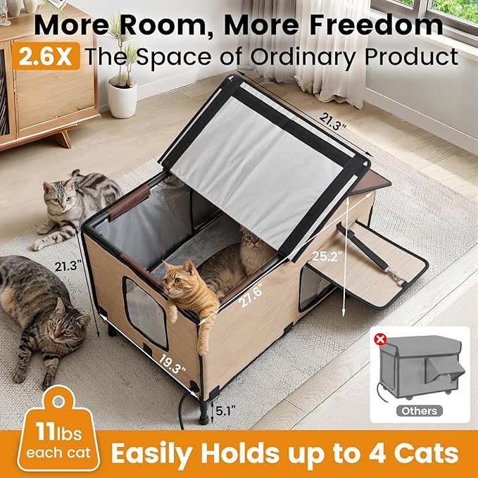Heated Cat House for Outside in Winter, Weatherproof & Insulated Large Cat Shelter with Heated Cat Bed and 2 Safe Escape Doors for Multiple Stray/Feral Cats(Wood-Grain, 27.6"x19.3"x21.3")