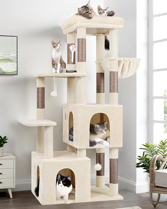Globlazer Cat Tower for Indoor Cats, Heavy Duty Cat Trees for Large Cats Adult Big Cats Maine Coon Cat Tree Tower with Scratching Post, Extra Large Top Perch, Cat Condos, F61, Beige, 61inch