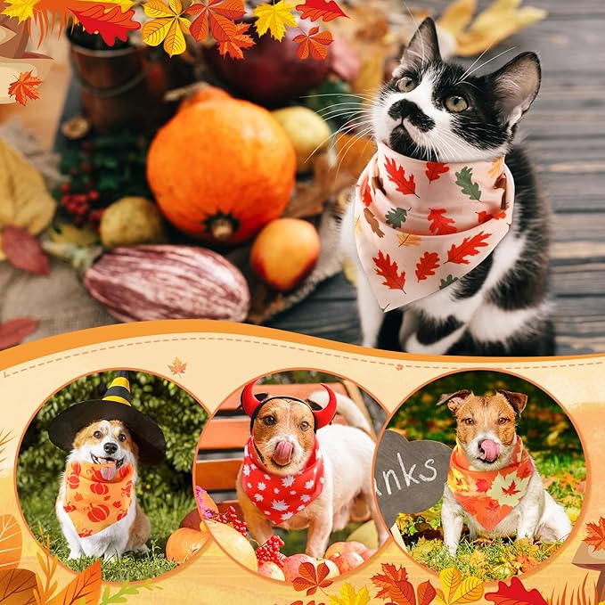 100 Pieces Thanksgiving Fall Dog Bandanas Bulk Maple Leaves Autumn Dogs Bandanas Soft Doggie Bibs Adjustable Triangle Scarves with Pumpkin Patterns for Small Medium Large Pet Costume
