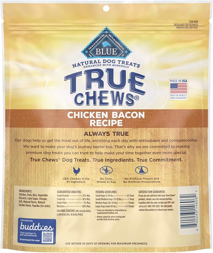 Blue Buffalo True Chews Dog Treats, Made in the USA with Natural Ingredients, Chicken Bacon Recipe, 22-oz Bag